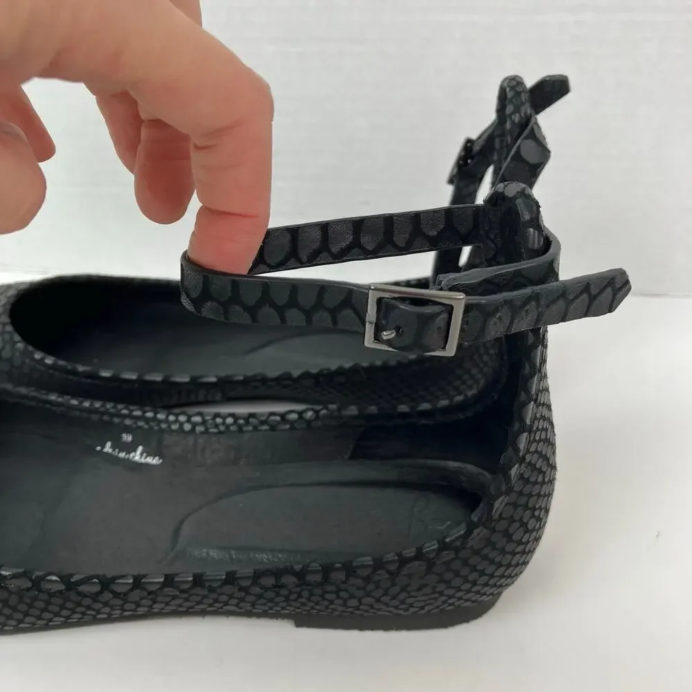 Joie Sz 9 Temple Black Embossed Leather Ankle Wrap Ballet Flats Pointed Toe